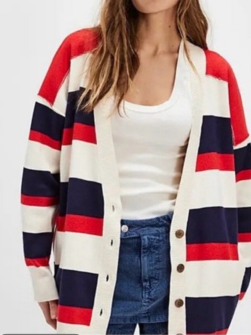 Free People League of Her Own Striped Red, Navy & Cream Button Cardigan in EUC - Picture 1 of 3